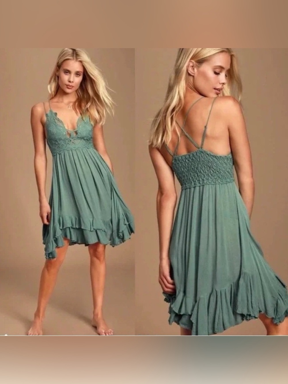 Free People Adella Slip Dress Lace Sleeveless Flowy Sage Green Bohemian Women S